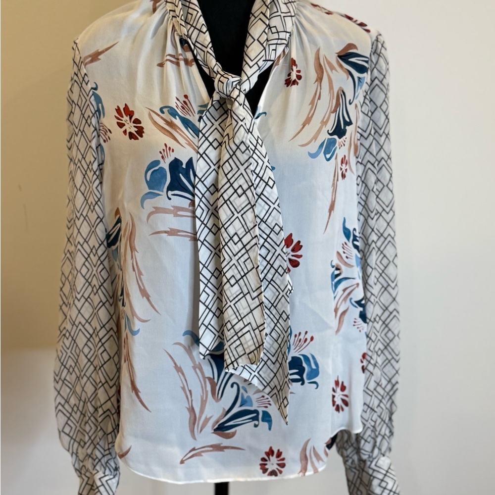 Joie Floral Tie-Neck Blouse in Cream, Blue & Rust